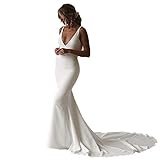 AIYIFUTY Brautkleid, Chiffon-Hochzeitskleid mit V-Ausschnitt, rückenfreies Brautkleid, Meerjungfrau-Brautjungfernkleider,White,2