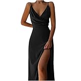 Partykleid Damen Spaghettiträger Etuikleid mit tiefem V Ausschnitt Einfarbiges figurbetontes Kleid Ärmelloses rückenfreies Wickelkleid Abendkleid mit hohem Schlitz Langes Cocktailkleid Ballkleid