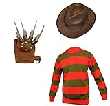 RARA® Herren Halloween Nightmare On Elm Street Freddy Krueger Horror Kostüm Pullover mit Hut & Klaue Handschuhe Fasching Outfit (Herren: klein)