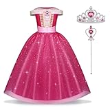 URAQT Aurora-Kostüm Kinder Mädchen, 3-Teiliges Set Aurora-Kleider für Kinder mit Kronen-Tiara-Zauberstab, Dornröschen-Prinzessin Kleid für Weihnachtskostüm, Karneval, Halloween, Geburtstagsfeier(130)