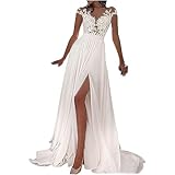 Hochzeitskleid Damen,Lang Brautkleider Elegant Spitze Brautmode Rückenfrei Abiball Prinzessin Kleider Abendkleider Elegant Für Hochzeit,Weiß,L