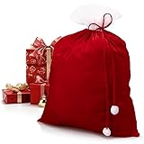 com-four® Edler XXL Weihnachtssack aus Samt mit langer Kordel & weißen Bommeln - Geschenksack für Weihnachtsmannkostüm & Dekoration - Nikolausbeutel zum Befüllen (1 Stück - rote Kordel)