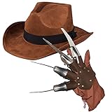 Erwachsene Unisex Halloween Freddy Krueger Kostüm Braun Hut + Klauenhandschuh ~ Nightmare on ELM Street Horror Gruselige Cosplay Party Kostüm Kit, braun, Einheitsgröße