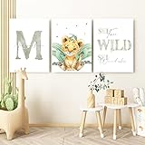 Pandawal Kinderzimmer Bilder mit Spruch und Name Safari Tiere 3er Poster- Set für Mädchen und Junge Wandbilder