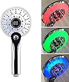 LED Duschkopf, Duschkopf Regendusche LED 3 Farben Farbwechsel Temperaturregelung, Handbrause mit Digital Temperaturanzeige, Handbrause Duschkopf Gross, Wassersparend, Druckerhöhend Brausekopf, chrom