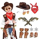 BARVERE 9 STK Cowboy Kostüm Zubehör Kinder, Western Cowboy Zubehör mit Cowboyhut, Halstuch, Gürtel, Sonnenbrille Spielzeugpistole und Pistolenholster, Karneval Cosplay Halloween Party Dress Up