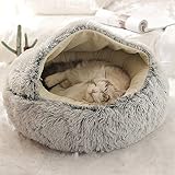 Fashionapple Flauschiges Katzenbett, rund, weiches Plüsch, Höhle mit Kapuze, Katzenbett, für den Winter, warm, Schlafkissen, rutschfest, maschinenwaschbar, für Katzen und Welpen-Grau /40cm