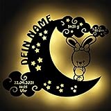 Schlummerlicht Mond-Hase I Personalisiertes Baby-Geschenk zur Geburt & Taufe LED Beleuchtung | Holz Natur I Batteriebetriebene Wand-Lampe Nachtlicht mit Geburtsdaten für Mädchen & Junge