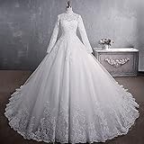 Lange Formale Brautkleider für die Braut,Langarm Brautkleid mit hohem Kragen,Spitzenstickerei, 65 cm Langer Schwanz, Unterstützung Anpassung,Short-M