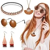 4 Stück Hippie Kostüm Set Boho 60er 70er Kostüm Damen Vintage Hippie Accessoires Set Böhmen Hippie Stirnbänder, Runde Vintage Hippie Brille, Feder Kette und Fransen Ohrring für Mädchen Karneval