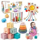 Plunack 4 in 1Montessori Baby Spielzeug 6-12 Monate, Sensorische Schnur Ziehen Spielzeug, Stapelspiel Bausteine, Motorikwürfel Lernspiele Spielzeug für Kleinkinder 1 2 3 Jahre Geschenk JungeMädchen