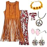 60er 70er Jahre Hippie Kostüm Damen Set mit Fransenweste Schlaghose Damen 70er Hippie Accessoires Hippie Kleidung Damen Kostüm 70er Jahre Bekleidung Damen Disco Outfit Faschingskostüm Mädchen (XL)