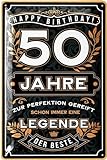 LANOLU Blechschild 50 Schild Geburtstag - 50 JAHRE LEGENDE - PERFEKTION - Deko 50 Geburtstag Mann, 50 Geburtstag Deko, lustiges Geburtstagsschild, 20x30cm