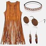 YADODO Hippie Kleidung Damen Fransen ärmellos Hippie Kostüm Damen Weste 60er 70er Jahre Bekleidung Damen Mädchen Disco Outfit Braun Fransenweste Damen Hippie Bolero Karneval Faschingskostüme (XXL)